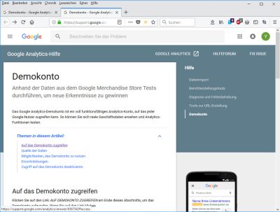 Demokonto: Google Analytics Hilfe