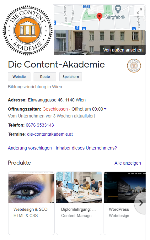 Der Eintrag der Content-Akademie bei Google My Business