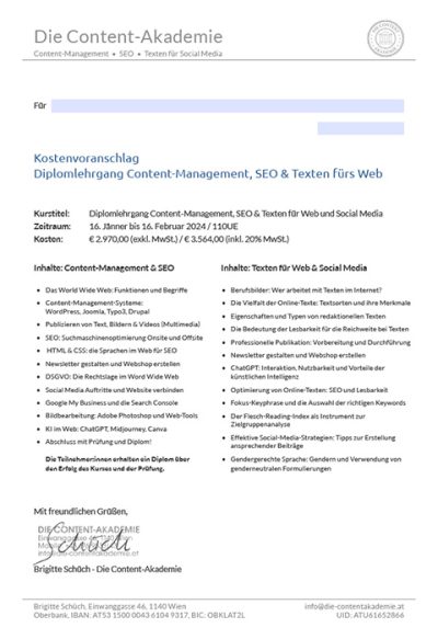 Kostenvoranschlag Content-Management, SEO & Texten für Web und Social Media, 110UE