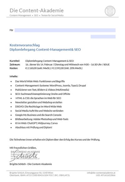 Kostenvoranschlag Content-Management & SEO, 80UE