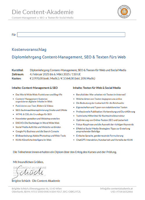 Content-Management, SEO, Texten fürs Web, Kostenvoranschlag 2025