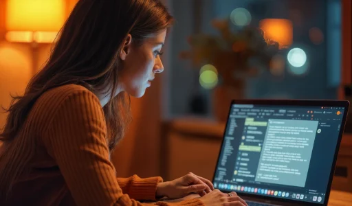 Frau sitzt vor dem Laptop und probiert ChatGPT