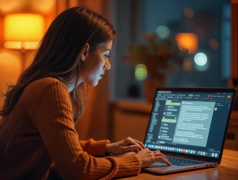 Frau sitzt vor dem Laptop und probiert ChatGPT