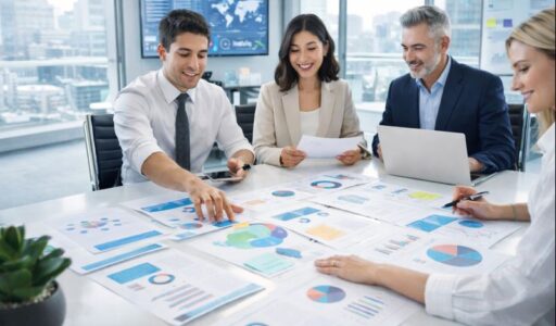 Vier Marketing-Professionals sitzen in einem modernen, lichtdurchfluteten Büro an einem Konferenztisch und analysieren gemeinsam aussagekräftige Diagramme, Charts und Berichte. Auf dem Tisch liegen ausgedruckte Marketing-Reports, während ein Laptop und digitale Dashboards im Hintergrund aktuelle Kennzahlen visualisieren. Die Szene vermittelt strategische Zusammenarbeit, datengetriebenes Arbeiten und praxisnahe Wissensvermittlung, wie sie im Rahmen einer Content Marketing Ausbildung vermittelt wird.